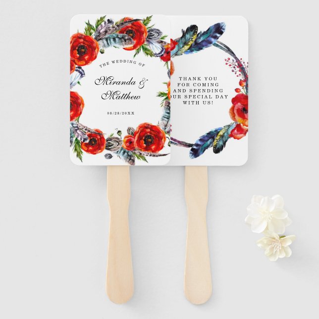 Éventail Boho Rouge moderne Plumes Mariage Merci (Devant et derrière)