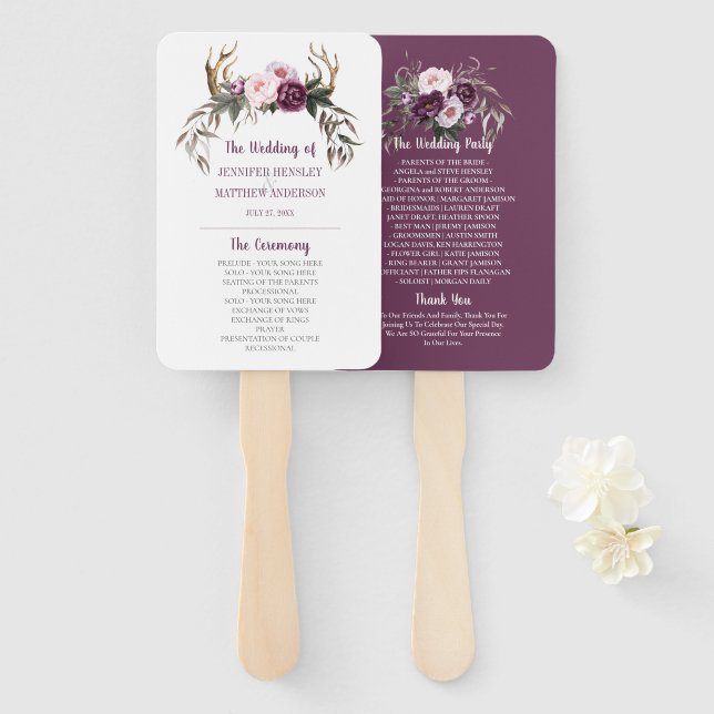 Éventail Boho rustique Antlers Purple Plum Peonies Mariage (Devant et derrière)