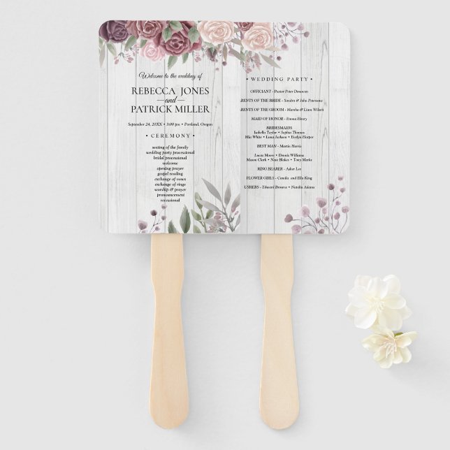 Éventail Boho Rustique Dusty Rose rose Fleurs Mariage main  (Devant et derrière)