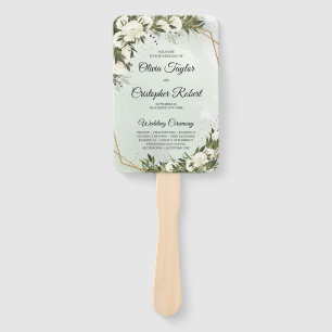 Éventail Boho verdure olivier feuillage or cadre roses blan