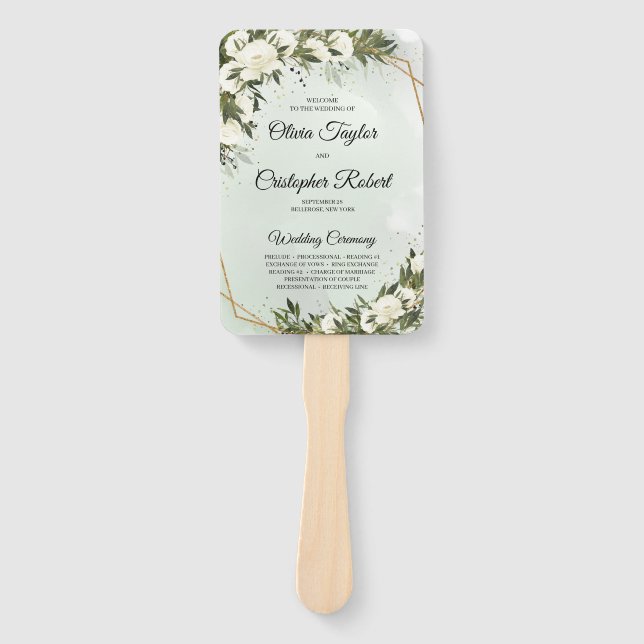 Éventail Boho verdure olivier feuillage or cadre roses blan (Devant)