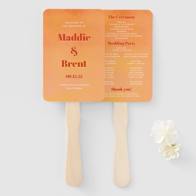 Éventail Bold Chic Orange Watercolor Sunset Wedding Program (Devant et derrière)