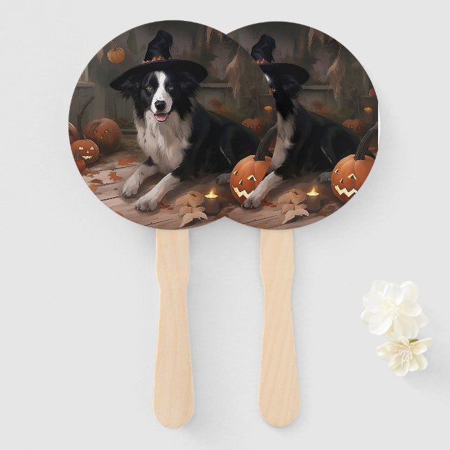 Éventail Border Collie Citrouilles Halloween Épouvantable (Devant et derrière)