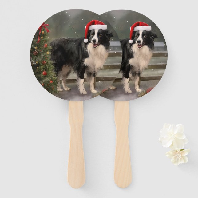 Éventail Border Collie dans la neige Noël (Devant et derrière)