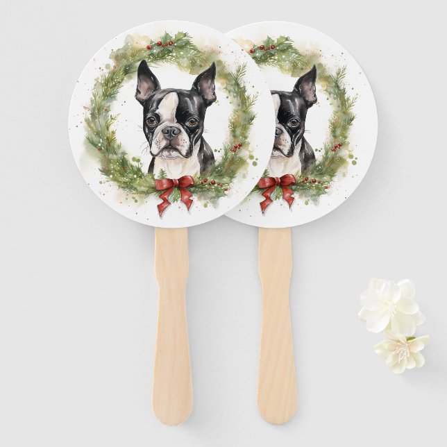 Éventail Boston Terrier Noël Wreath Festive Pup (Devant et derrière)