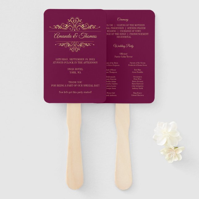 Éventail Bourgogne cadre élégant programme de mariage éléga (Devant et derrière)