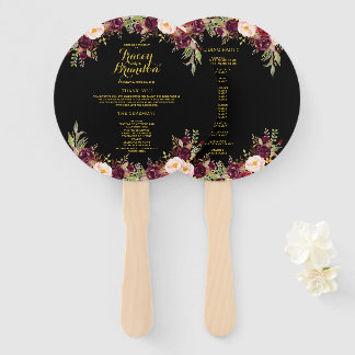 Éventail Bourgogne Floral Black Gold Wedding Programme