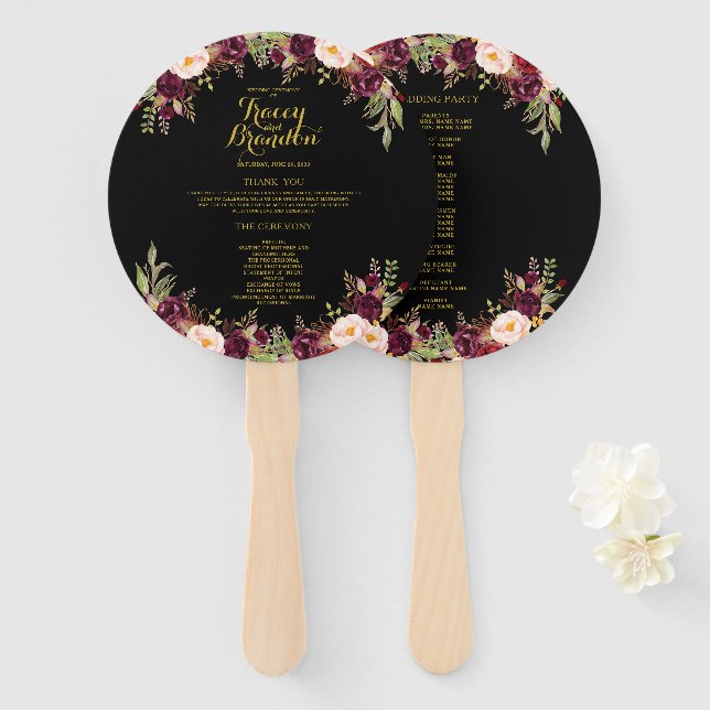 Éventail Bourgogne Floral Black Gold Wedding Programme (Devant et derrière)
