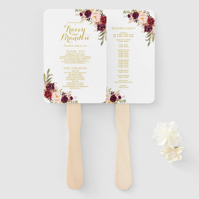 Éventail Bourgogne Floral Blanc Gold Script Programme de ma (Devant et derrière)