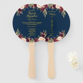 Éventail Bourgogne Floral Navy Blue Gold Wedding Programme