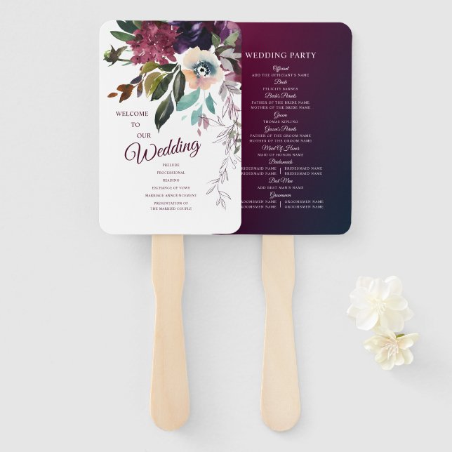 Éventail Bourgogne Floral Splendor Wedding Programme (Devant et derrière)
