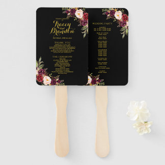 Éventail Bourgogne Red Floral Black Gold Wedding Programme