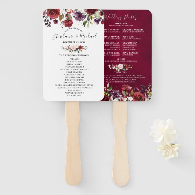 Éventail Bourgogne Red Navy Floral Rustic Wedding programme (Devant et derrière)