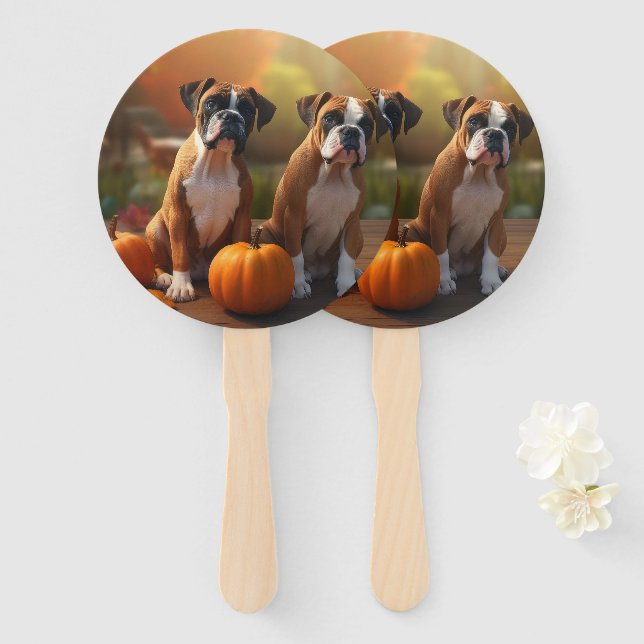 Éventail Boxer chiot automne délice citrouille  (Devant et derrière)
