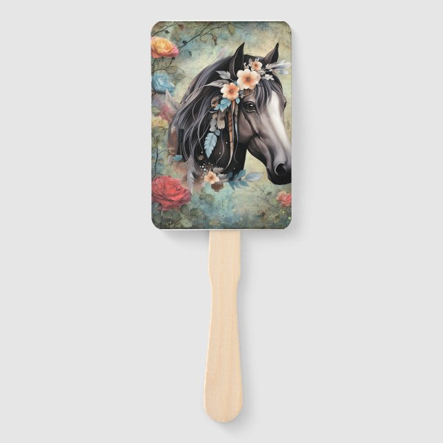 Éventail  Brown horse in flowers. (Devant)