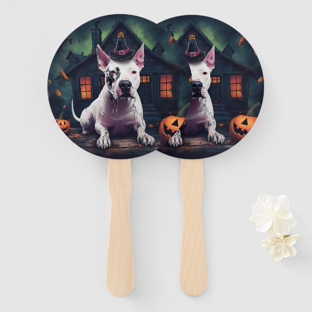 Éventail Bull Terrier Citrouilles Halloween Épouvantable (Devant et derrière)