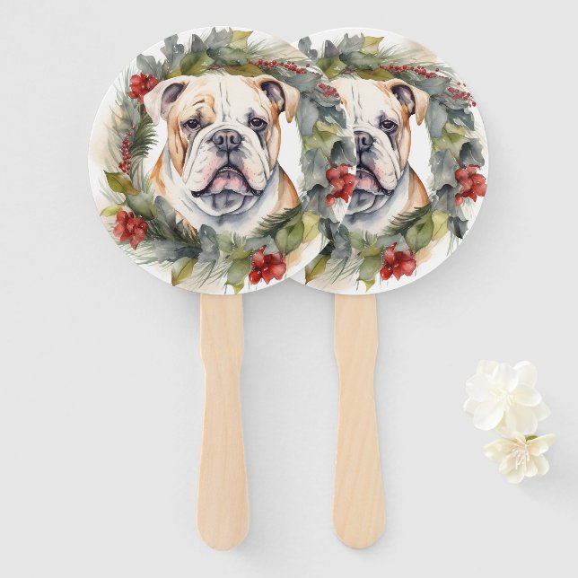 Éventail Bulldog Christmas Wreath Festive Pup (Devant et derrière)
