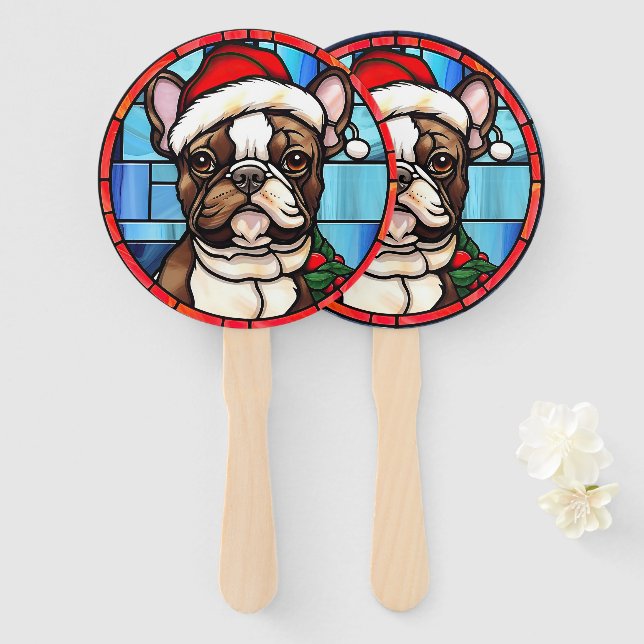 Éventail Bulldog français vitrail de Noël  (Devant et derrière)
