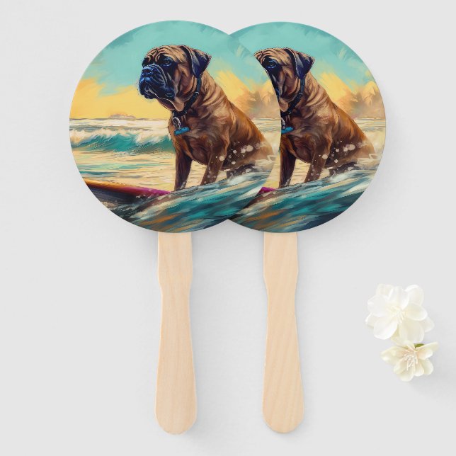 Éventail Bullmastiff Beach Surfing Peinture (Devant et derrière)