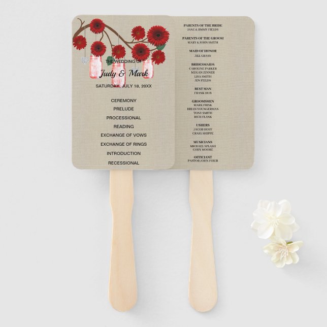 Éventail Burlap Rustique Rouge Floral Mason jarres Mariage (Devant et derrière)