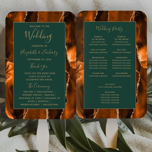 Éventail Burnt Orange Gold Agate Dark Green Wedding Program (Créateur téléchargé)