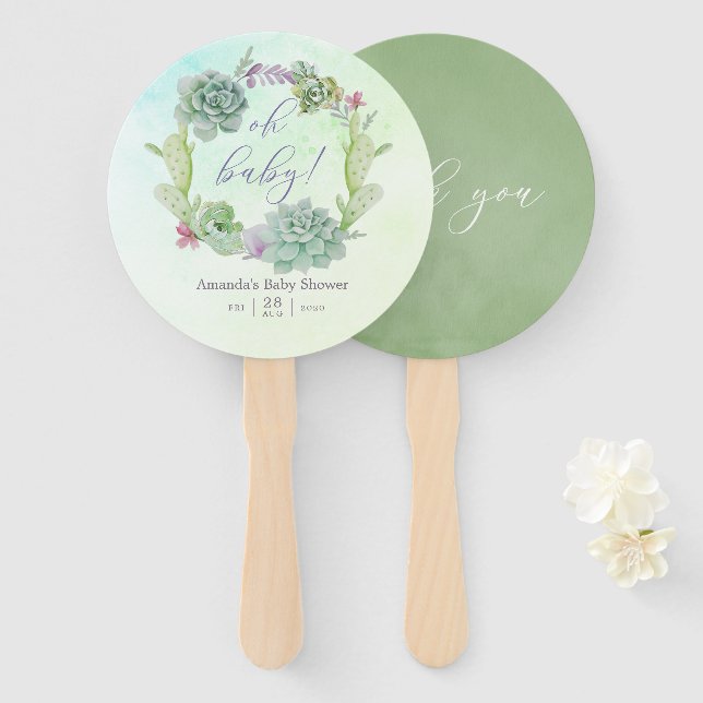 Éventail Cactus aquarelle Succulentes Baby Shower (Devant et derrière)