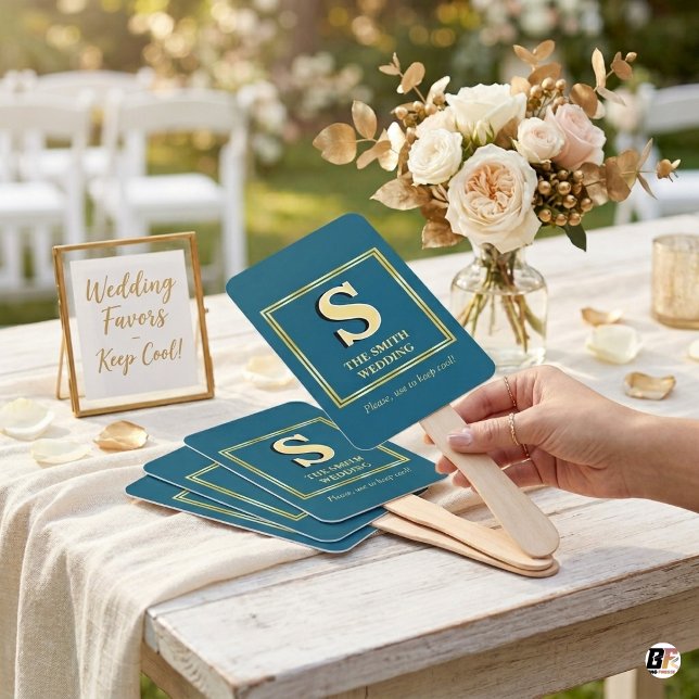 Éventail Cadeau de Mariage Élégant Monogramme Or Bleu Sarce (Créateur téléchargé)