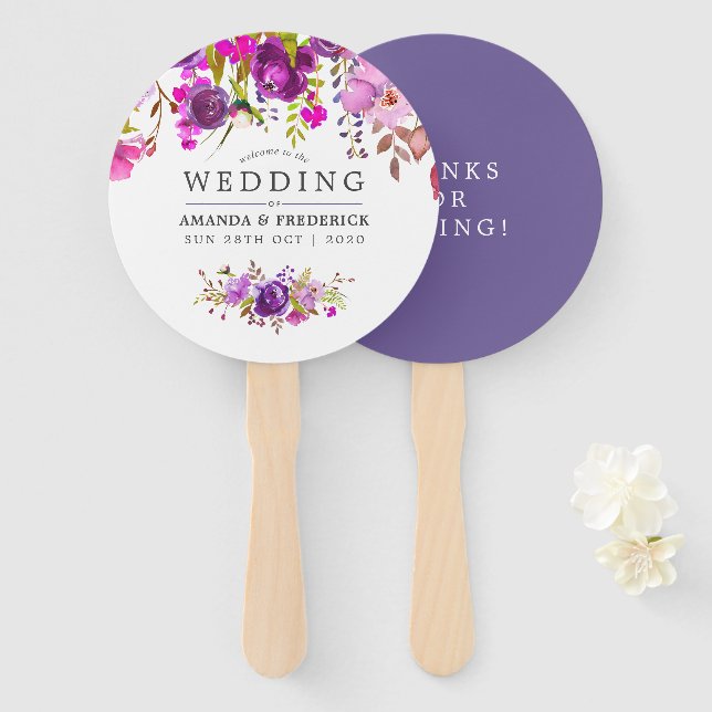 Éventail Cadeau de mariage floral violet et violet (Devant et derrière)