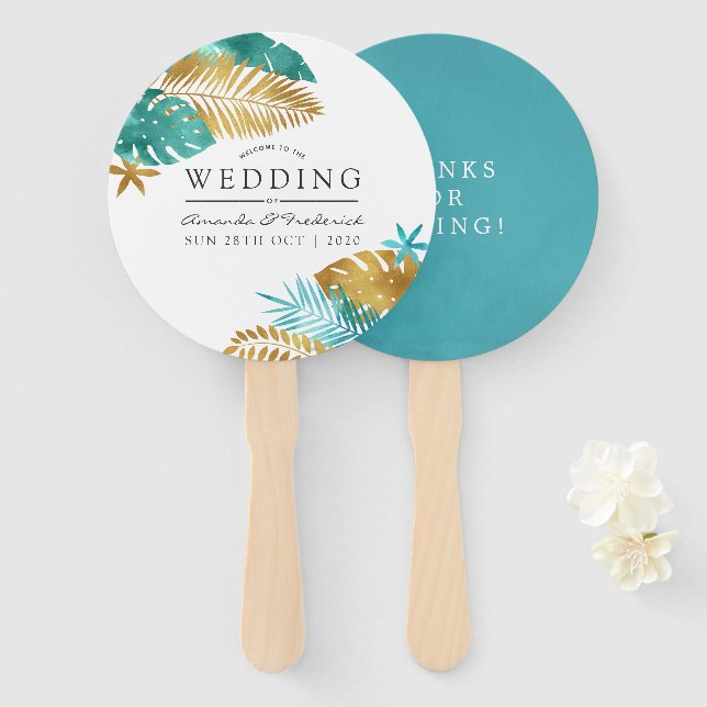 Éventail Cadeau de mariage tropical sarcelle et or (Devant et derrière)