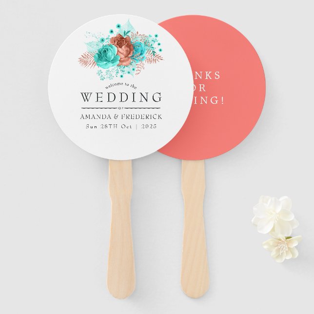Éventail Cadeau de mariage tropical turquoise et corail (Devant et derrière)