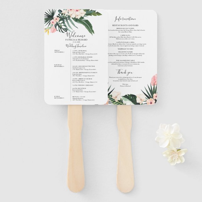 Éventail Calendrier de mariage de week-end floral tropical (Devant et derrière)