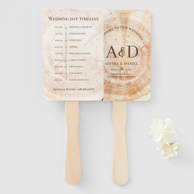 Éventail Calendrier souvenir de mariage en bois rustique (Devant et derrière)