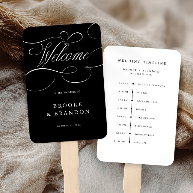 Éventail Calligraphie moderne intemporelle noir mariage Tim (Modern calligraphy timeless black wedding Timeline Hand Fan)