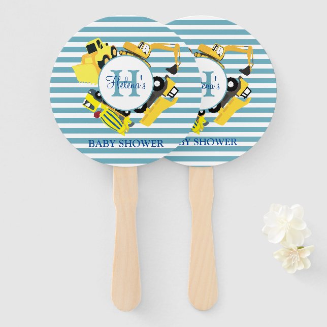 Éventail Camions de construction personnalisés Baby shower  (Devant et derrière)