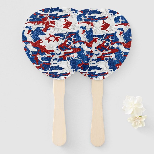 Éventail Camo rouge, blanc et bleu avec paillettes pour le  (Devant et derrière)