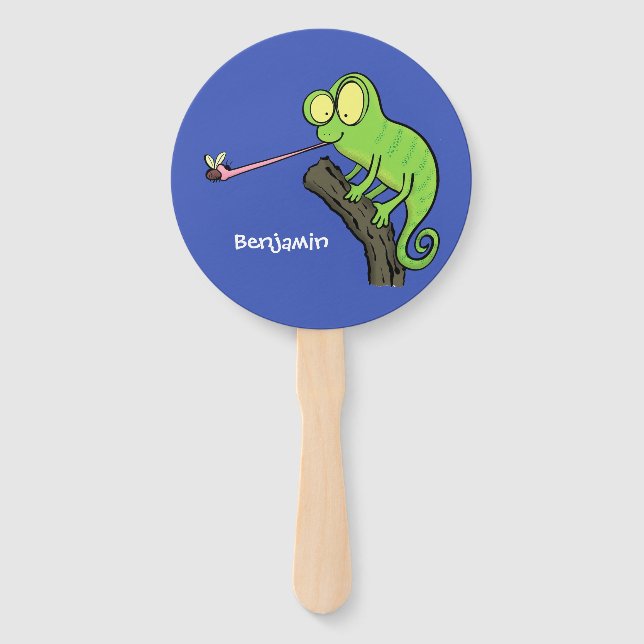 Éventail Caricature de lézard de caméléon vert joyeux (Devant)