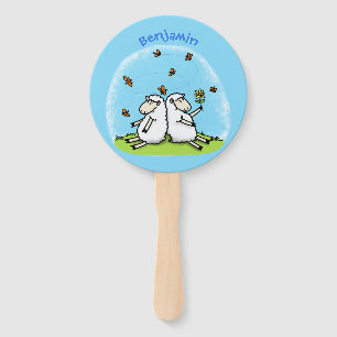 Éventail Caricature de moutons mignons amis et papillons