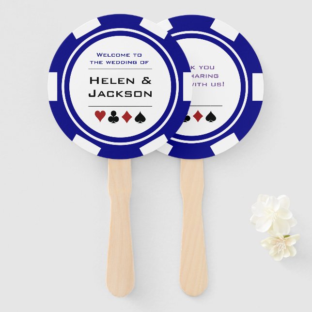 Éventail Casino Poker Chip Bleu Blanc Bienvenue Au Mariage (Devant et derrière)