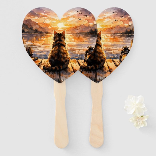 Éventail Cat on Dock at Sunset (Devant et derrière)