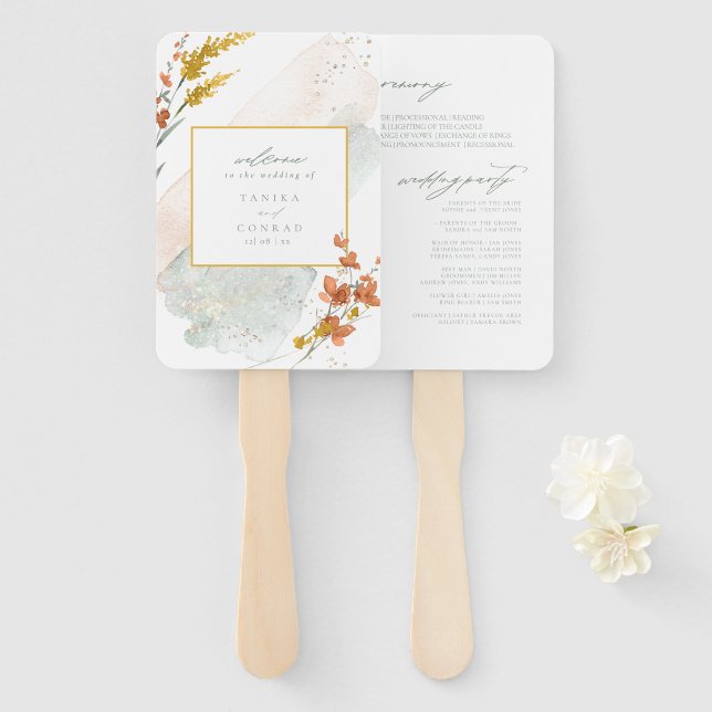 Éventail Cérémonie d'aquarelle fleur sauvage Mariage Gold I (Devant et derrière)