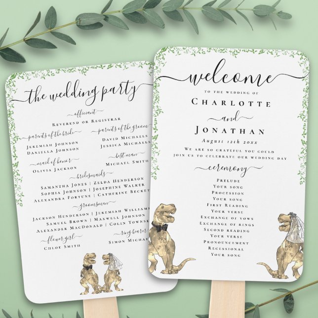 Éventail Cérémonie de mariage de dinosaures Programme noir  (T-Rex bride and groom funny dinosaur wedding ceremony program fans)
