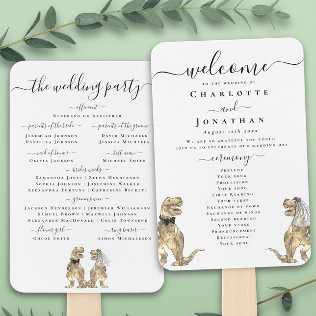 Éventail Cérémonie de mariage de dinosaures Programme noir  (T-Rex bride and groom funny dinosaur wedding ceremony program fan Elegant modern script )