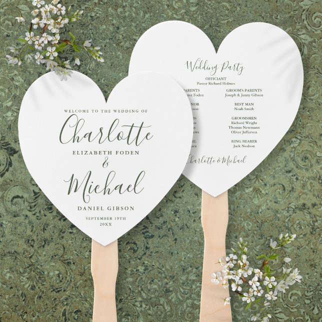 Éventail Cérémonie de mariage Olive Green Script Heart (Olive Green Script Wedding Ceremony Heart Hand Fan)