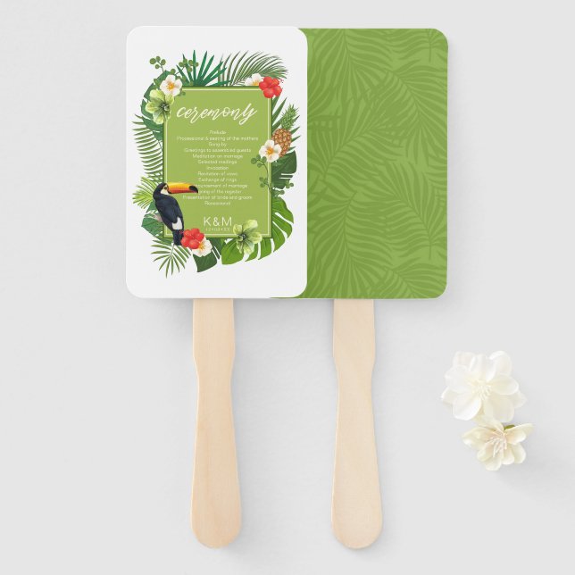 Éventail Cérémonie de mariage tropical à l'aquarelle Vert I (Devant et derrière)