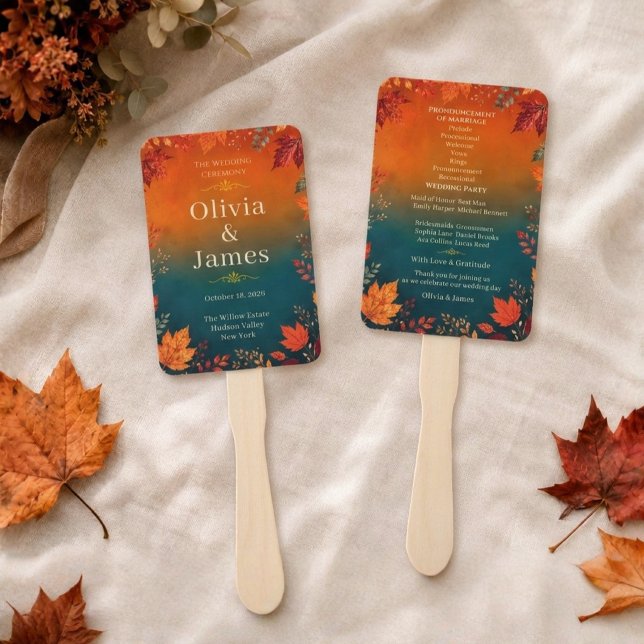 Éventail Cérémonie rustique de feuilles de teal et d'orange (Créateur téléchargé)