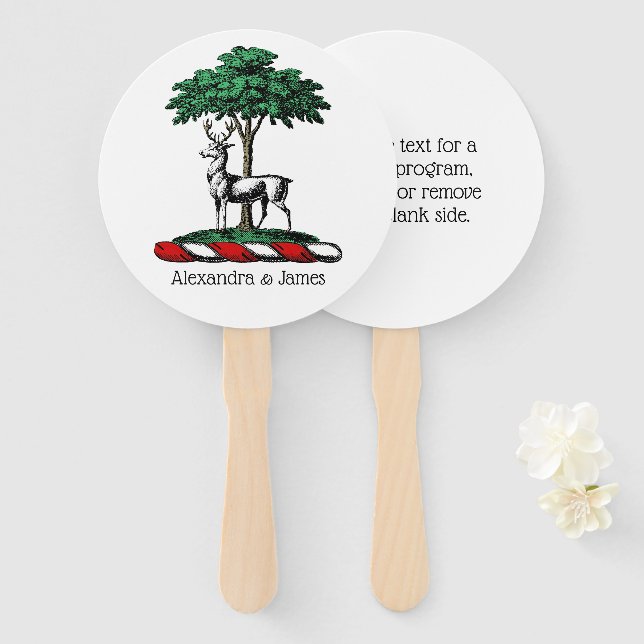Éventail Cerf Daim devant un Arbre Emblème de Blason Crête  (Devant et derrière)