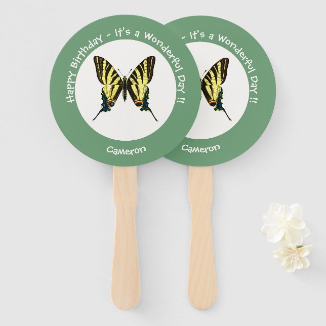 Éventail C'est une fête d'anniversaire de papillon à queue  (Devant et derrière)
