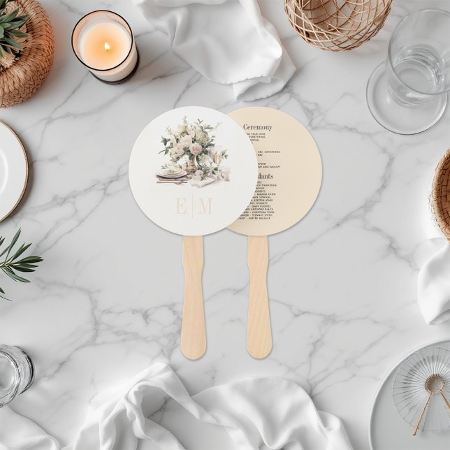 Éventail Champagne et faire-part de mariage rose ancien (Old Money Champagne and Blush Wedding Program Hand Fan)