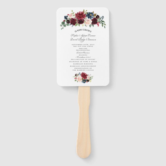 Éventail Charm Merlot Marine Blue Floral Wedding Programme (Devant)