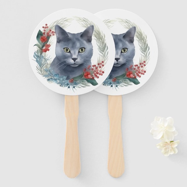 Éventail Chat Bleu Russe Couronne de Noël Kitten Festif (Devant et derrière)